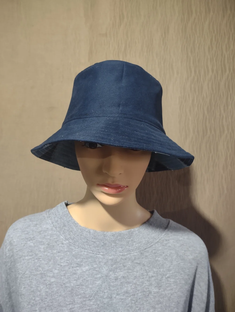 Handmade Upcycled Reversible Patchwork Denim & Navy Bucket Hat - Picture 8 of 12